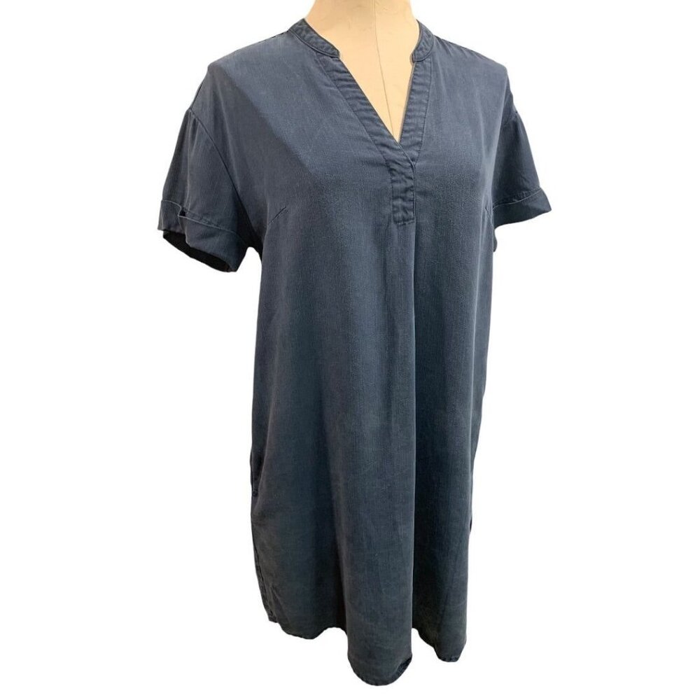 XS Hilary Radley Soft Denim Look Short Sleeve Shift Dress Split Neck